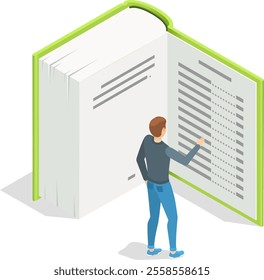Student is standing and reading a large open textbook, touching the page with his finger, preparing for the exam and gaining knowledge, isometric vector illustration