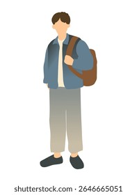 A student is standing, wearing a backpack and dressed in casual clothes.