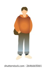 A student is standing, wearing a backpack and dressed in casual clothes.