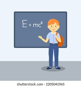 Student stands at the blackboard in the physics lesson. Text box.