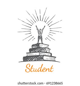 A Student Stands On Books, Raising His Hands. Vector Concept Illustration. Flat Hand Drawn Sketch. Lettering Student.