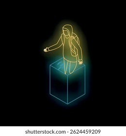 O estudante está entrando no metaverso com um símbolo de wifi abaixo brilhante estilo neon em um fundo preto