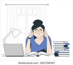Student stress concept. Stressed young woman holding head in hands and feeling demotivated while sitting at her home stressed by the study. Depressed female student tired of online learning