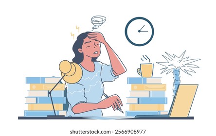 Student stress concept. Tired woman doing homework. University or college student with emotional burnout. Mental and psychological problems. Crisis and fatigue. Linear vector illustration