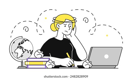 El concepto de estrés estudiantil. La mujer se sienta en la computadora portátil y hace su tarea. Educación y formación. Burnout y problemas mentales. Lección escolar y universitaria. Ilustración vectorial lineal