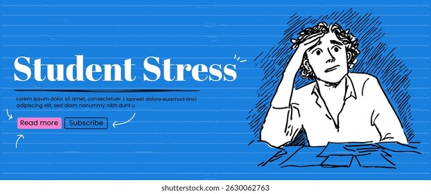 Student stress sketch scribble banner ink quirky trendy handdrawn template. Cartoon burnout, headache and school problem concept.