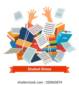 Student stress. Studying pupil buried under a pile of books, textbooks and papers. Flat style vector illustration isolated on white background. svg