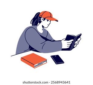 Student studies with books in library, prepares to exam, test. Reader learning textbooks. Girl does homework at desk. School education. Flat isolated contour vector illustration on white background