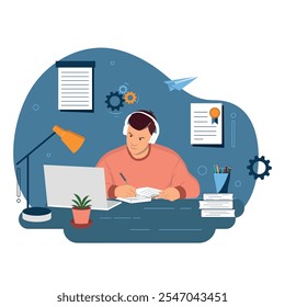 Student studies online, looks at the monitor and writes down the knowledge in a notebook. The concept of online education, distance learning, homeschooling. Learning environment. Vector Illustration