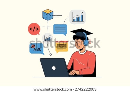 A student studies online, surrounded by educational icons and using a laptop for learning.