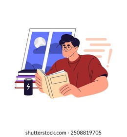 Student studies, prepares for exam at night. Pupil learning, works, reads book at nighttime. Person does homework with textbook, energy drink at late time. Flat isolated vector illustration on white