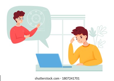 Student studies technical blueprint section drawing at home. Distance learning and online education scene. Vector character illustration of guy studying technical specialty, architecture, engineering