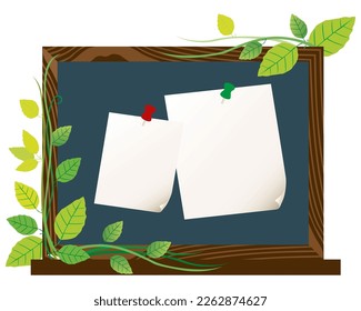 student study black board duster chalk paper notes pin with green leave vine element vector frame