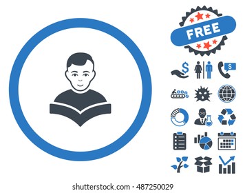 Student Study Book pictograph with free bonus design elements. Vector illustration style is flat iconic bicolor symbols, smooth blue colors, white background.