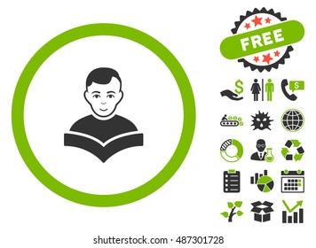 Student Study Book pictograph with free bonus pictogram. Vector illustration style is flat iconic bicolor symbols, eco green and gray colors, white background.