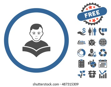 Student Study Book pictograph with free bonus clip art. Vector illustration style is flat iconic bicolor symbols, cobalt and gray colors, white background.