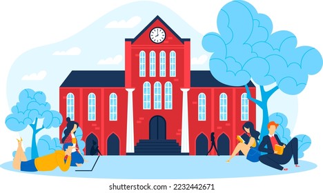 Student study building, university architecture, school education, children outdoors, design, cartoon style vector illustration.