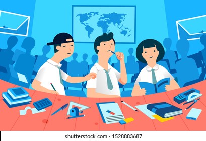 student study in a classroom, three character boys and girl reading book, writing and listening teacher. Classmates silhouette and classroom interior as background. flat design vector illustration
