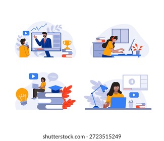 Sesión de escritorio de estudio del estudiante, estudiante que estudia en un escritorio con la computadora para un curso en línea. Ilustración de aprendizaje en línea