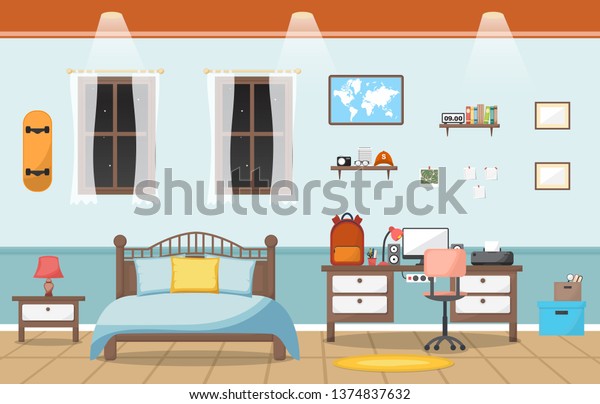 Student Study Desk Table Bedroom Interior Stock Vector