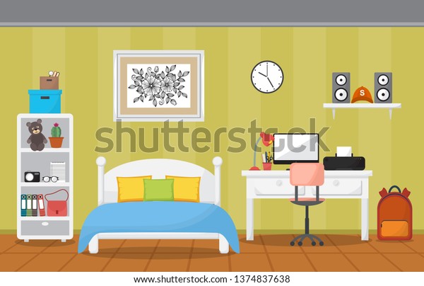 Student Study Desk Table Bedroom Interior Stock Vector Royalty