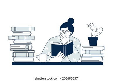 Student study at home. Female diary, girl watching lecture. Woman reading book, distance self learning. Home work, library recent vector character