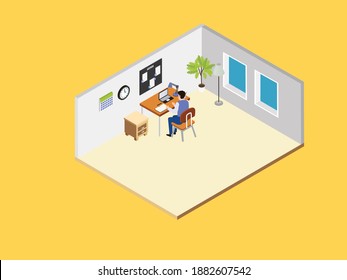 Student study at home isometric 3d vector concept for banner, website, illustration, landing page, flyer, etc.