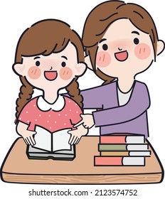 Student study with homeschool teacher. Hand drawn cartoon people.
