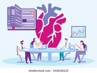 Student Study Medicine Remotely. Distance Learning. E-Learning. Sit at Table. New Technologies. Vector Illustration. Study Medicine. Students in White Coat. Remote Access. Studying Human Heart Work.