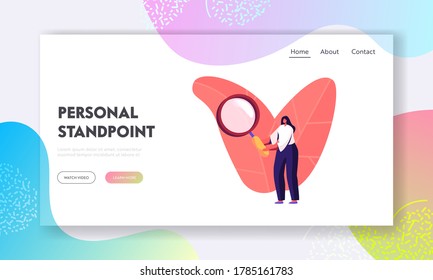 Student Study Prehistory Ages Landing Page Template. Archeologist Female Character Watching through Magnifying Glass. Anthropologist Scientist Work on Exploring Artifacts. Cartoon Vector Illustration