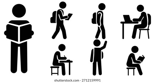 Conjunto de silhueta do estudo do aluno, Pacote de ícone de leitura e aprendizagem, Coleção de figuras de educação escolar