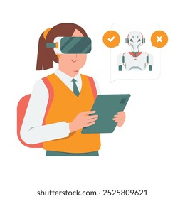 Student study wearing VR headset asking artificial intelligence robot concept illustration