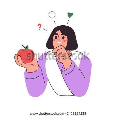 Student studying apple, looking and describing fruit. Education, knowledge concept. School pupil learning, thinking. Girl learner. Flat graphic vector illustration isolated on white background