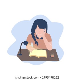Student studying with book. Vector female character illustration. girl studying in her room for final test