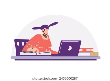 A student studying with books and a laptop. Vector illustration depicts focused academic work and the use of technology for learning