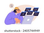 Student studying code, program. Puzzled person chooses computer language to learn. Coder, programmer education, information technology concept. Flat vector illustration isolated on white background