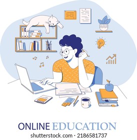 The student is studying with a computer. The concept of distance learning from home, programming, freelance. Vector illustration of a female character. Two colors