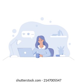 Student studying with computer or doing homework. Online education or learning concept. Distance learning. Flat style vector illustration. 
