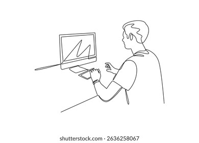 Student studying with computer and graphic tablet in continuous line drawing style