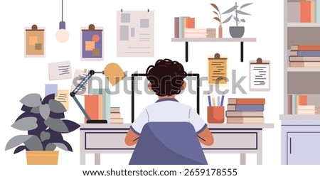 Student studying at desk back to school workspace computer books lamp plant organized shelves wall decor modern home learning