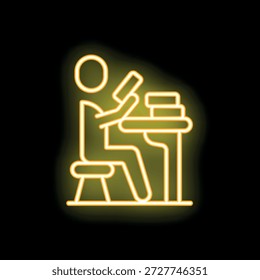 Student studying at desk with books taking notes neon sign