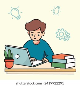 Student studying at desk for exam, flat design vector illustration