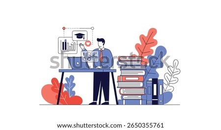Student studying effectively with books and laptop preparing for exams