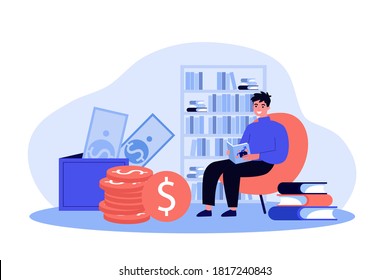 Estudiante estudiando finanzas. Hombre joven leyendo un libro sobre la ilustración del vector plano del dinero. Educación financiera, concepto de aprendizaje para banner, diseño de sitios web o página web de aterrizaje