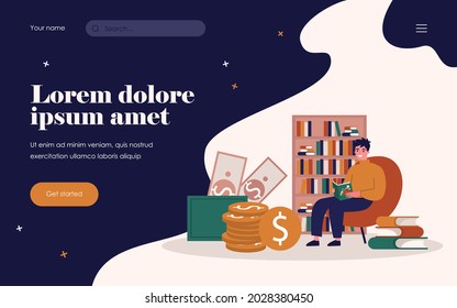 Student studying finance. Young man reading book about money flat vector illustration. Financial education, learning concept for banner, website design or landing web page
