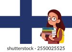 
Student Studying in Finland Vector Cartoon Illustration. Cheerful teen girl holding textbooks wearing her school bag 
