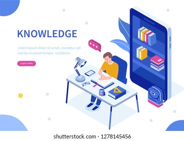 Student studying at home. Can use for web banner, infographics, hero images. Flat isometric vector illustration isolated on white background.