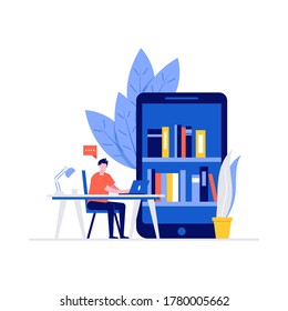 Student studying at home concept with characters. Modern vector illustration in flat style for landing page, mobile app, poster, flyer, template, web banner, infographics, hero images.