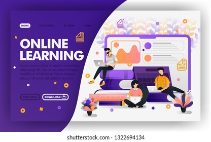 Student studying with internet Vector Web concept, distance learning system, e-learning.  Easy to use for website, banner, landing page, brochure, flyer, print, mobile, app, poster, template, UI UX