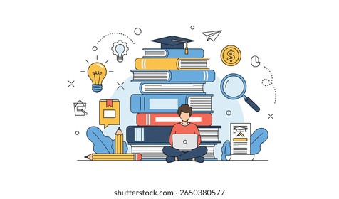 Student Studying With Laptop Amidst Stack Of Books And Educational Symbols On White Background